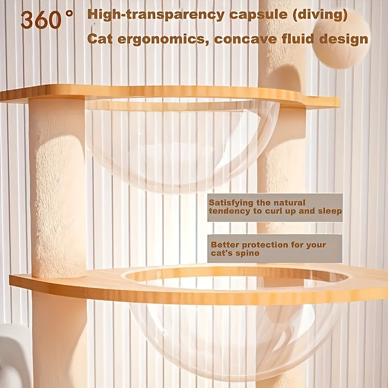 51 Inch Modern Cat Tree With Acrylic Dome Wooden Cat Tower Multi Level Wood Cat Condo Round Top Perch Scratching Post