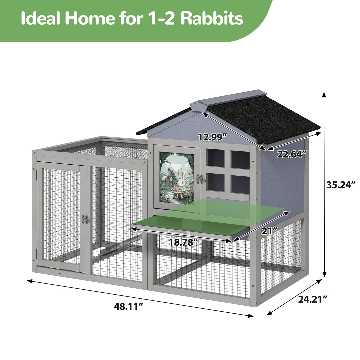 2-Tier Wood Rabbit Hutch with Removable Tray and Ramp