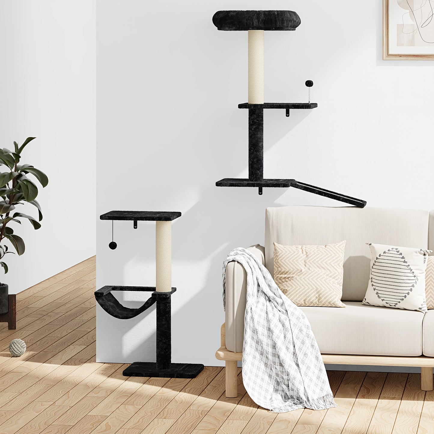 Cat Scratching Post Indoor Cat Tree Tower Multi Layer Cat Furniture Activity Center Comfortable Bed Interactive Ball Toy Wall Mounted Cat