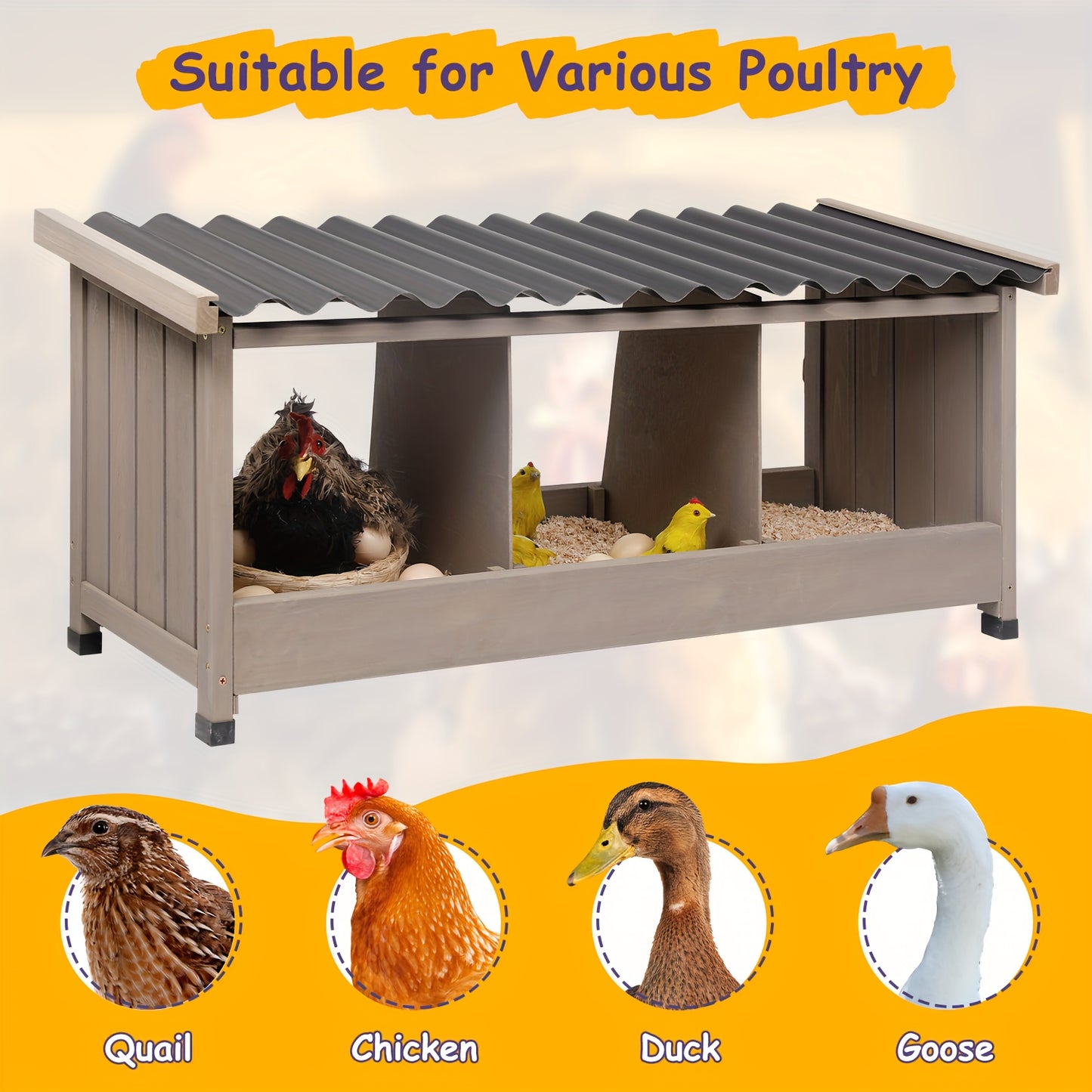 KETIVE Chicken Nesting Box Wall Mounted Wooden Coop Accessories With PVC Roofing 3 Compartments For Hens And Ducks Indoor Or Outdoor Use