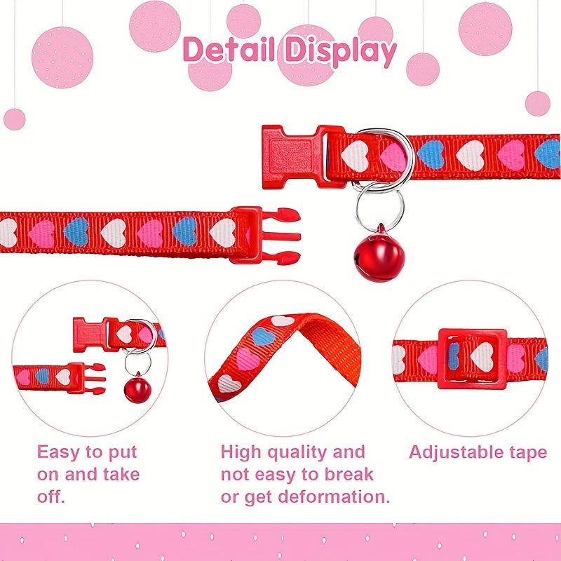 6 Piece Adjustable Breakaway Cat Collars with Bells Colorful Heart Patterns Safe Nylon Material Ideal for Kittens and Adult Cats Includes Pink Green Red Light Red Yellow Kitten Collars Stylish Cat Collar Durable Nylon