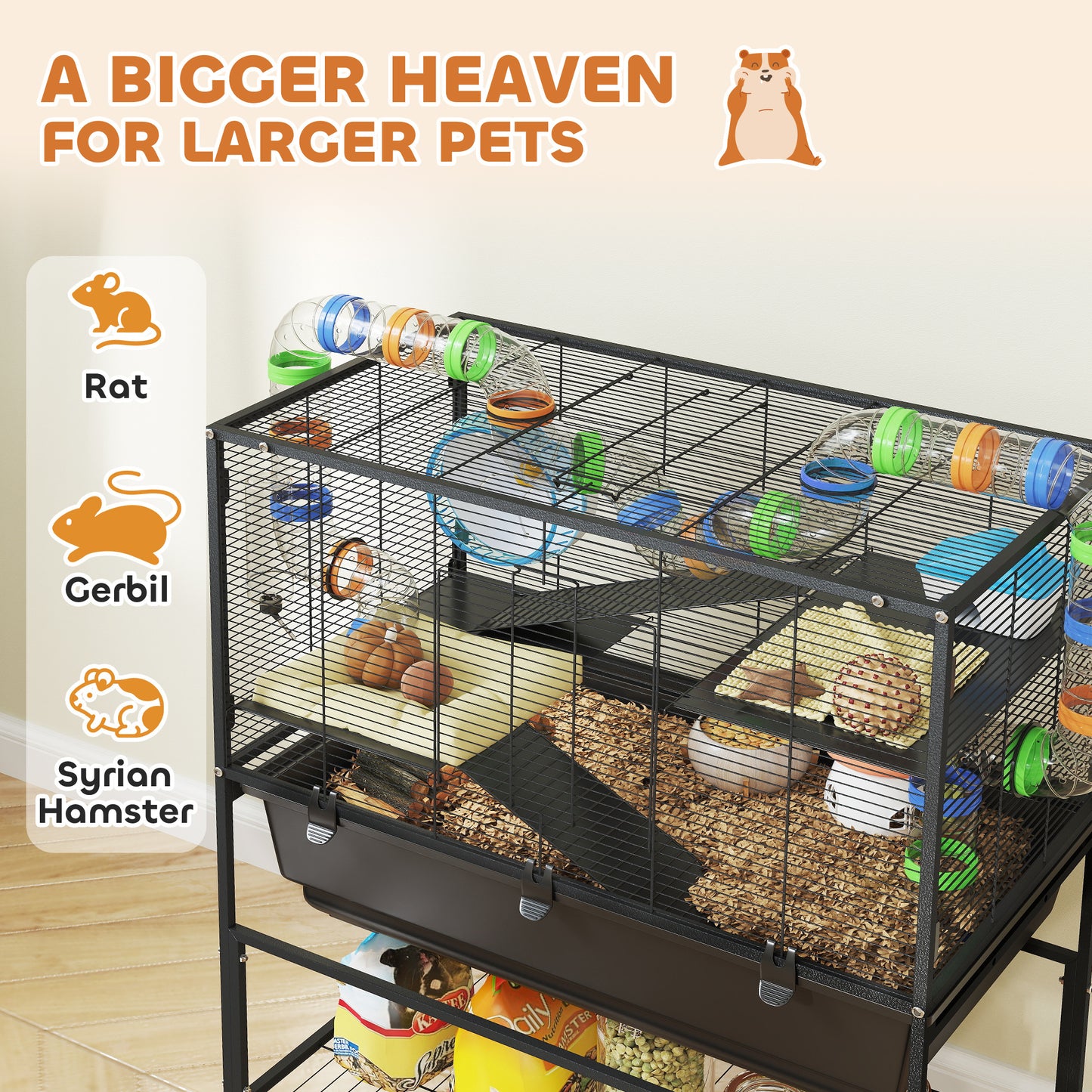 Hamster Cage with Deep Tray 3 Tier Rolling Rat Cage with Storage Shelf Big Exercise Wheel Tube System Hut Platforms Ramps Food Dish Water Bottle for Syrian Gerbil Mouse