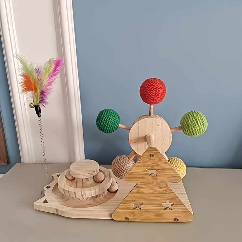 Interactive Wooden Cat Toy With Spinning Sisal Balls And Feather Teaser Multi-Functional Smart Exercise Playset For Cats