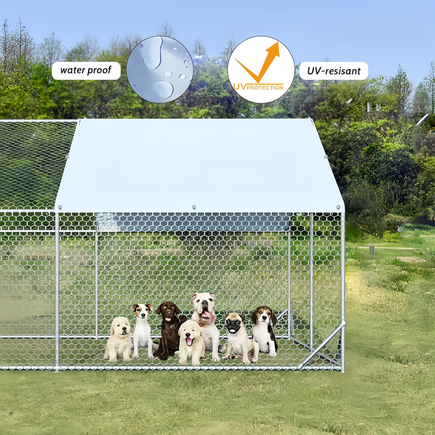Large Metal Dog Cage and Chicken Coop with Walk-In Access Spire Roof and Anti-UV Cover Durable Outdoor Poultry Pen for Backyard Farm Small Animals Dogs Weather-Resistant Design