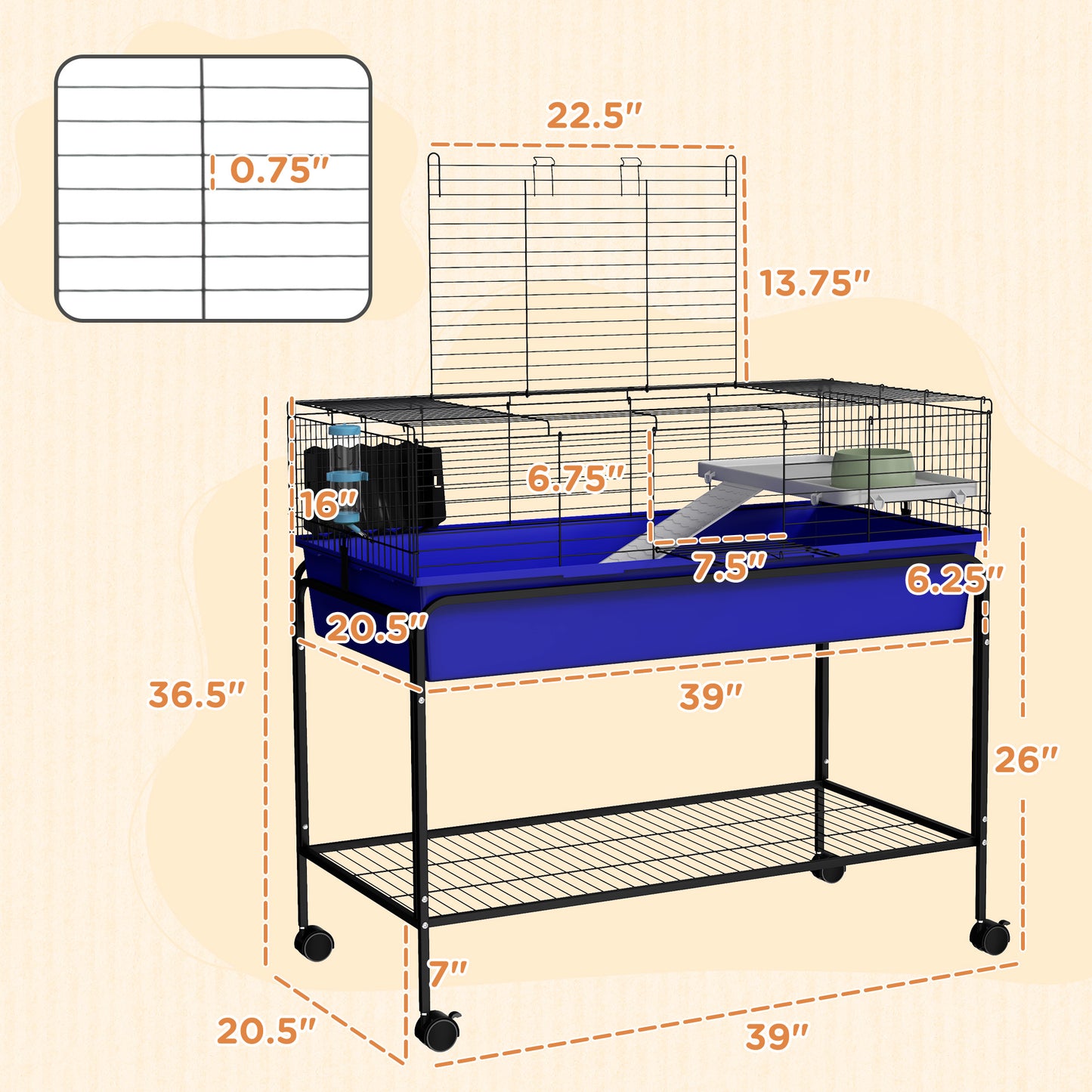 PawHut Two Story Small Animal Cage Removable from Stand Guinea Pig Hedgehog Chinchilla Ferret with Shelf and Wheels Pet Habitat