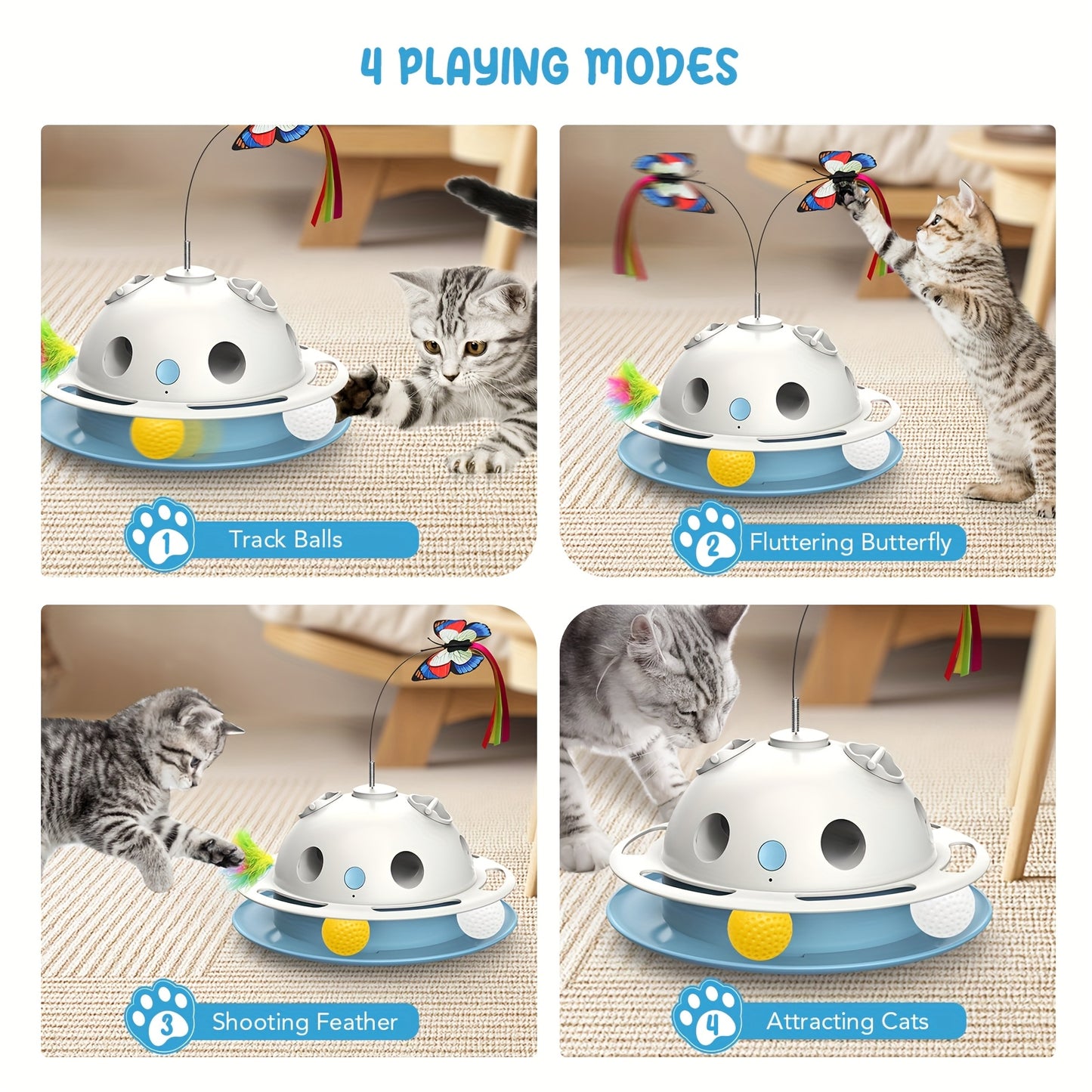Indoor 4-in-1 Cat Toy, 360° Motorized Butterfly Toy