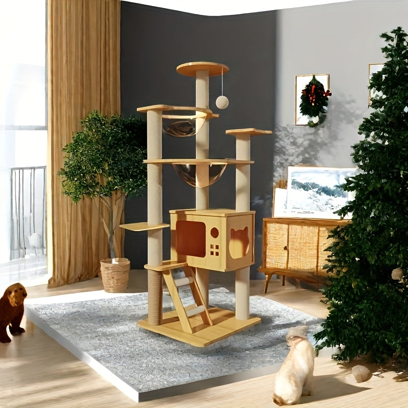 51 Inch Modern Cat Tree With Acrylic Dome Wooden Cat Tower Multi Level Wood Cat Condo Round Top Perch Scratching Post