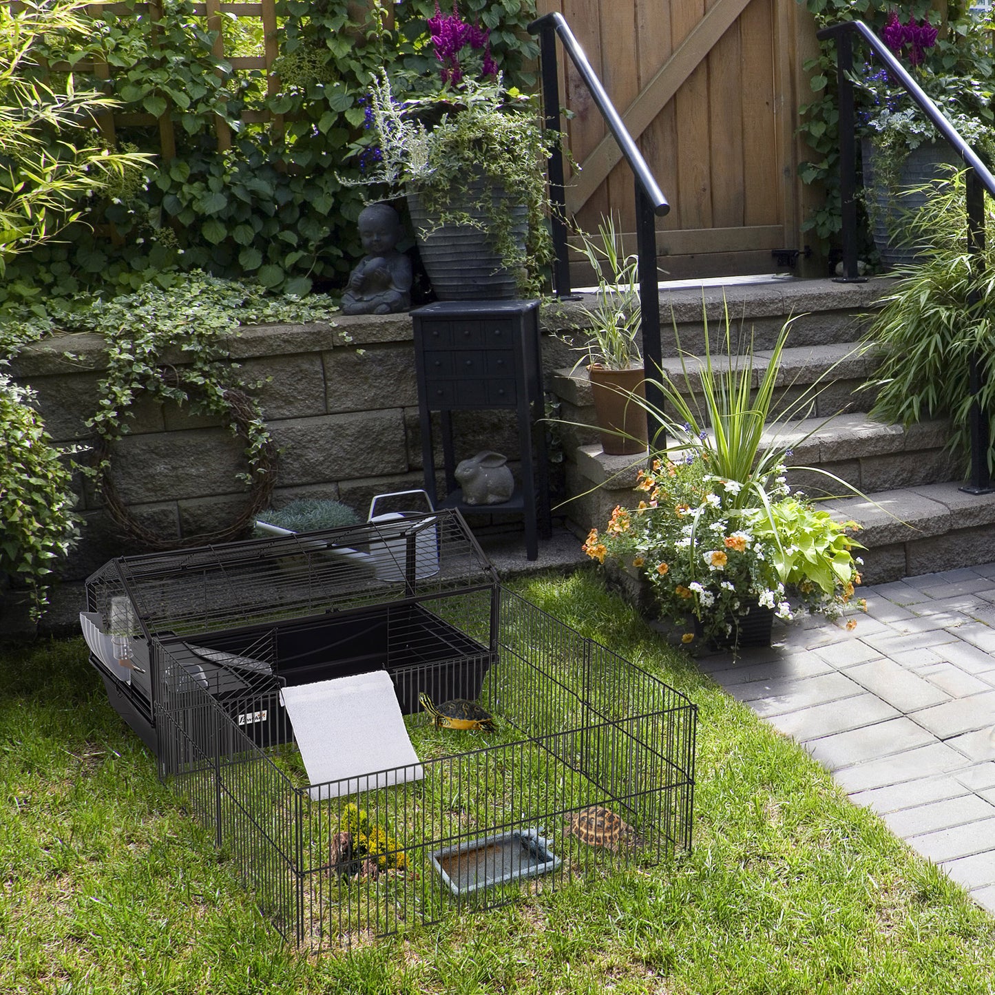PawHut Small Animal Cage with Foldable Run Area Rolling Bunny Cage Guinea Pig Cage Hedgehog Cage with Water Bottle Water Bowl and Ramps 35 Inch L