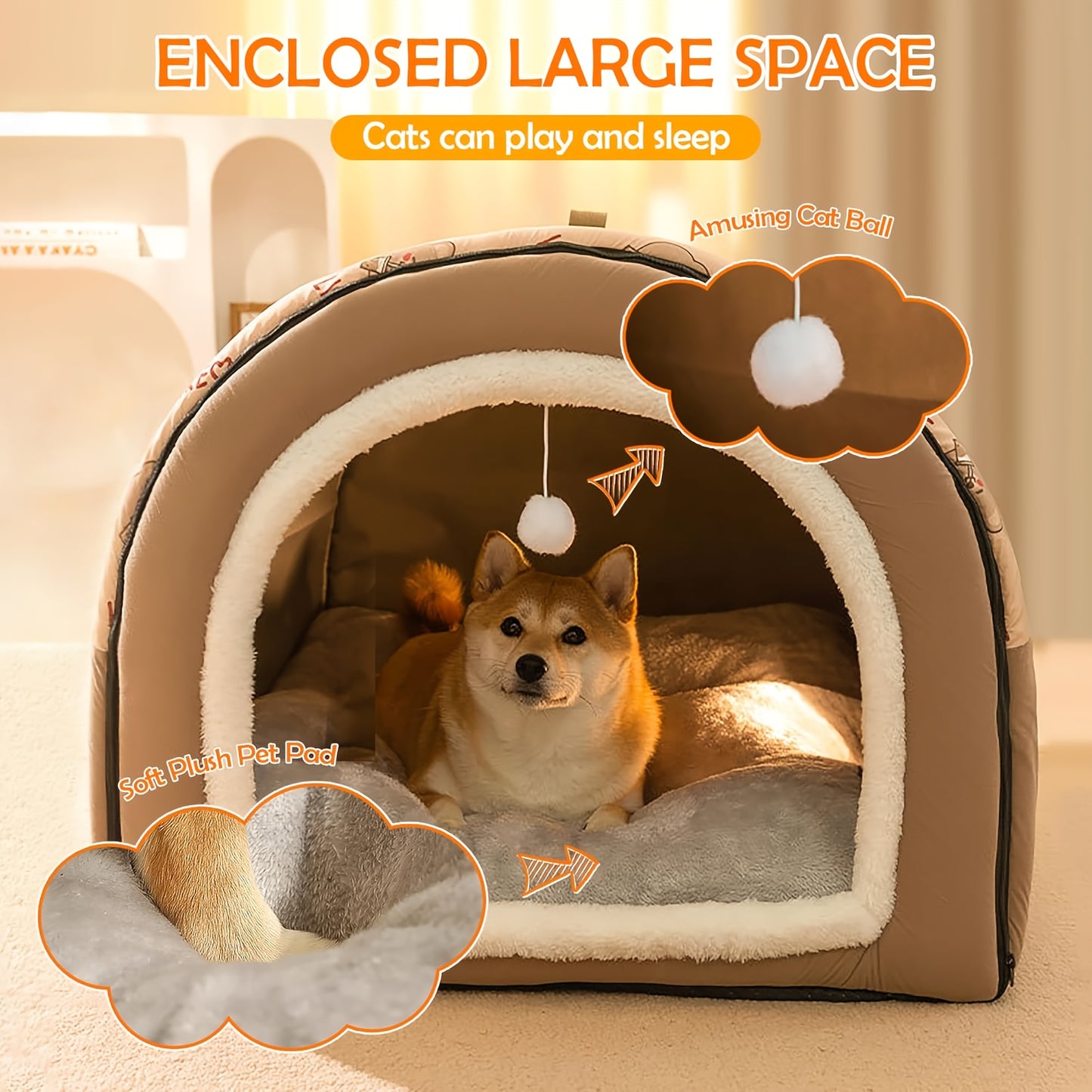 Dog Tent Cave 2 In 1 Detachable Covered Pet House