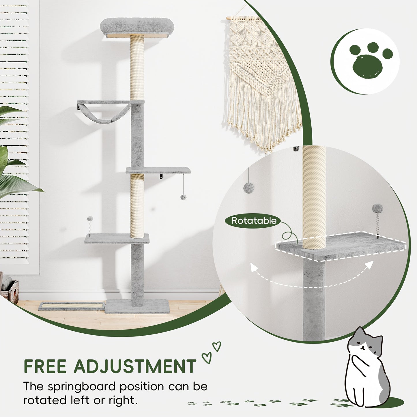 Cat Scratching Post Indoor Cat Tree Tower Multi Layer Cat Furniture Activity Center Comfortable Bed Interactive Ball Toy Wall Mounted Cat