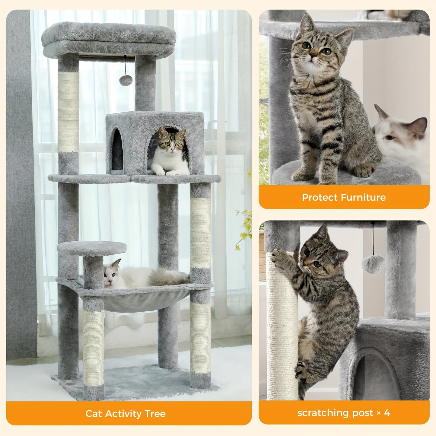 PAWZRoad Tall Cat Tree for Indoor Cats Grey Beige