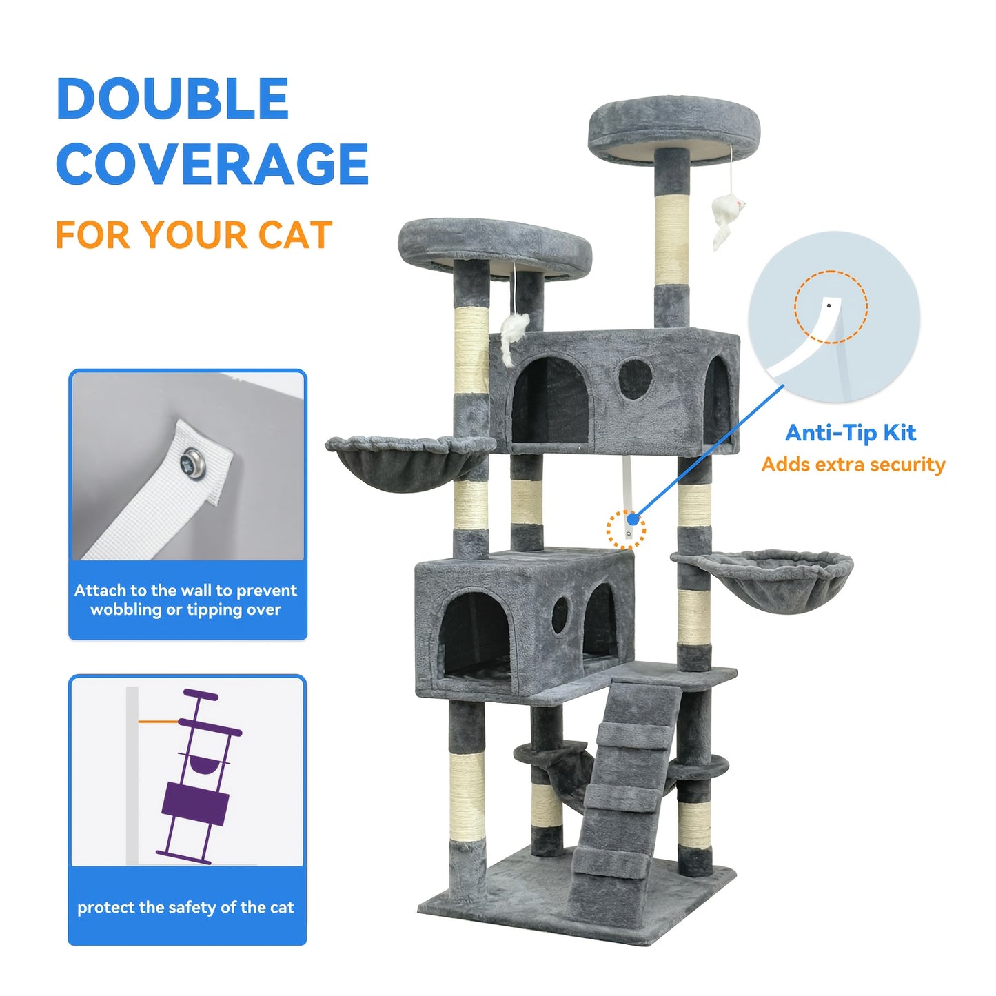 Large Deluxe Cat Tree Tower Multi-level Indoor Cat Condo Sisal-covered Scratching Posts Padded Perches Hammocks Secret Cat Den Plush Mouse Climbing Rope Stable Anti-tilt Design