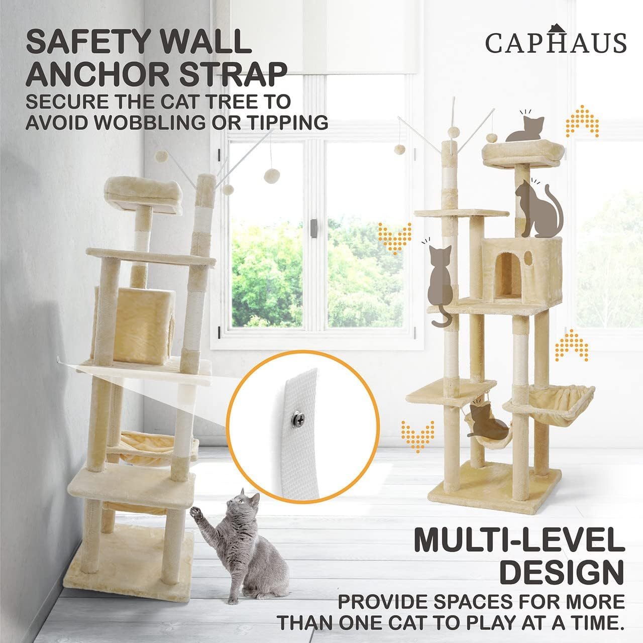 Caphaus Tall Cat Tree for Indoor Cats Modern Cute 70 Inch Climbing Play Tower with Top Perch for Large Kittens Multi Level Cat Activity Tree with Scratching Posts Hammock Cat Cave Condo