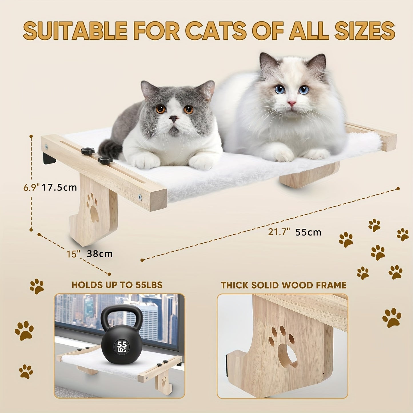 Adjustable Cat Window Perch and Hammock Durable Plastic Frame with Soft Fleece Lining Paw Print Cutouts for Indoor Cats Easy Install Wall Ceiling Mount for Windowsill Bedside Cabinet Large Cat Bed Pet Relaxation Spot