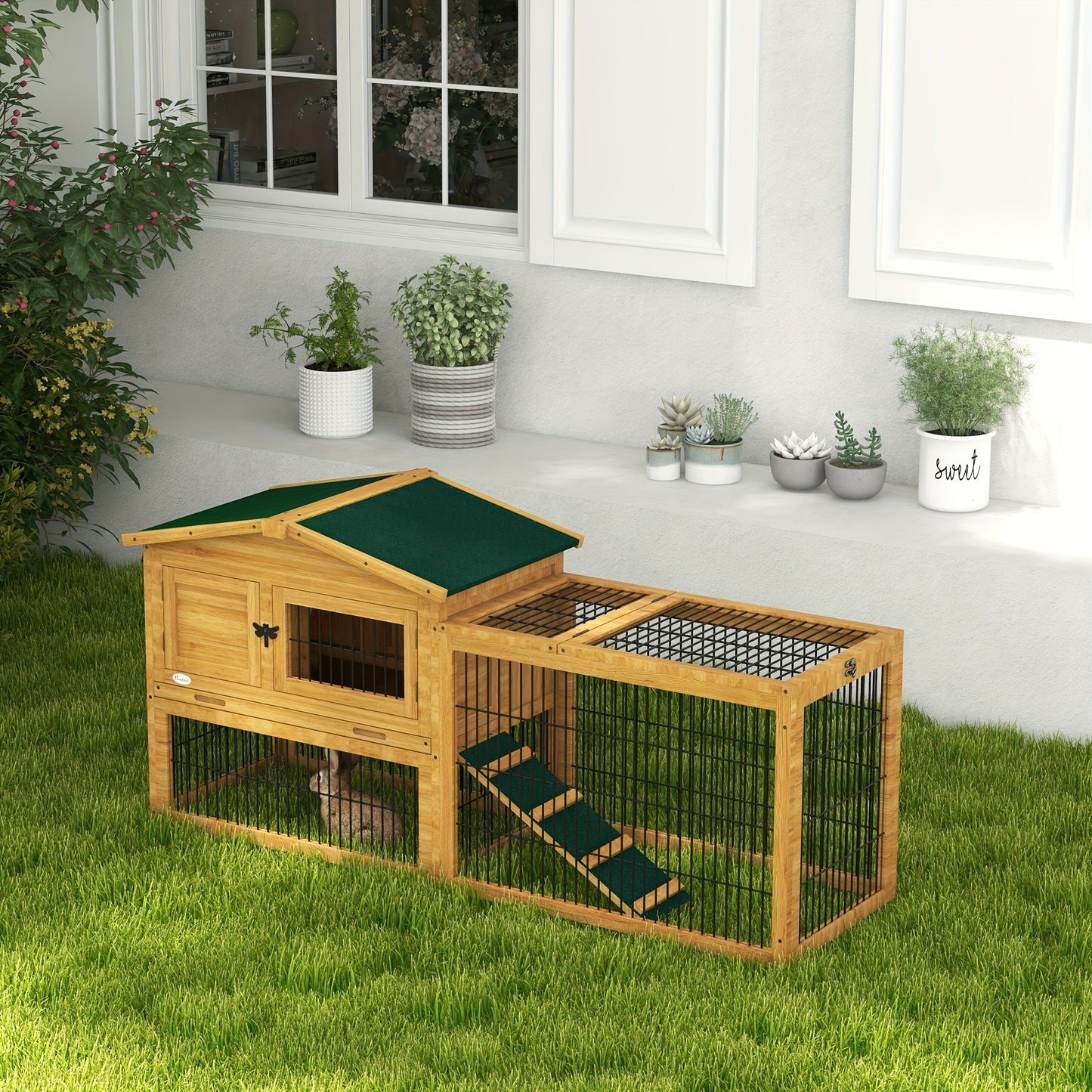 PawHut 2 Levels Outdoor Rabbit Hutch with Openable Top