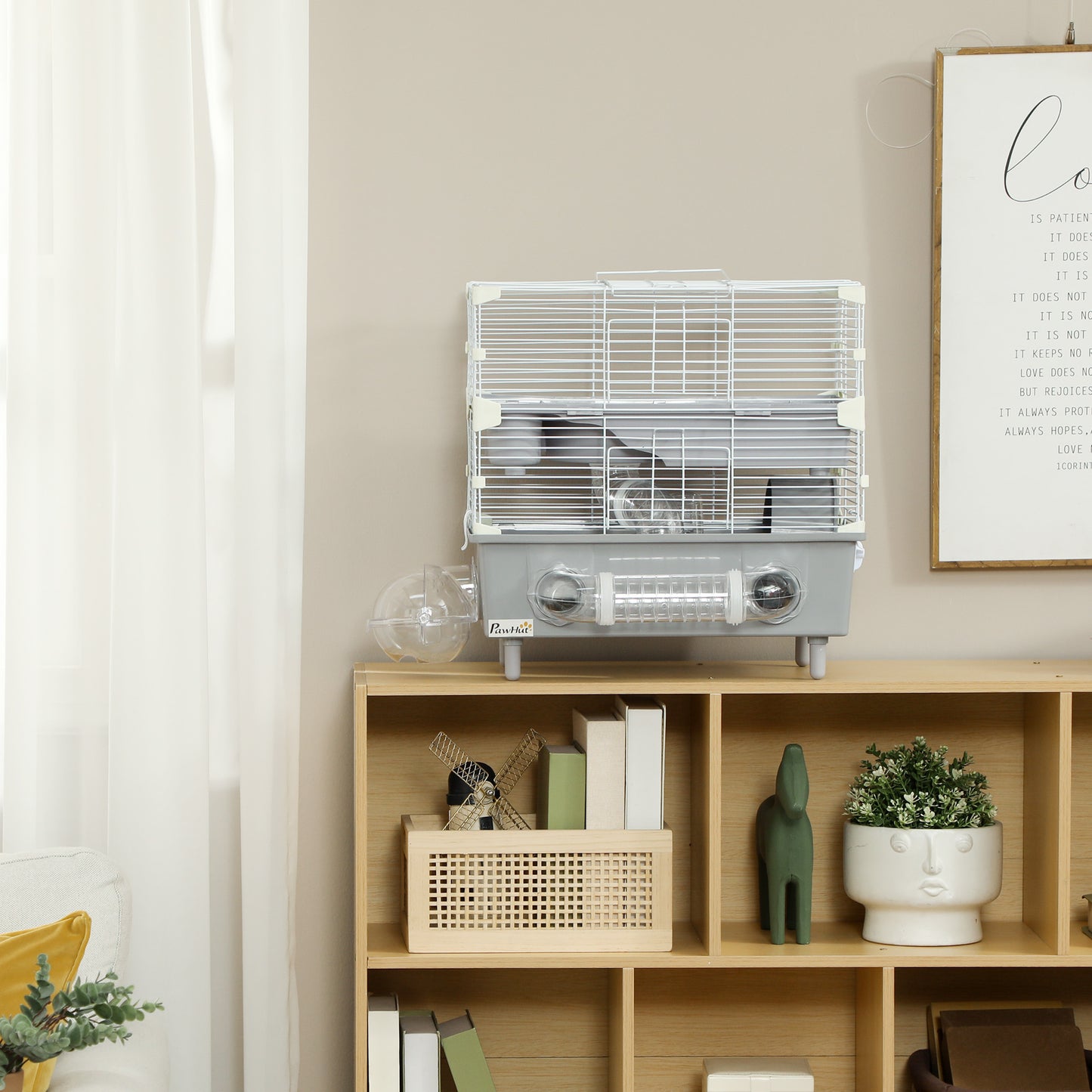2 Tier Hamster Cage with Sand Bathroom Running Wheel Water Bottle Tubes Accessories Small Animal Cage 17.5 x 11 x 17 Gray