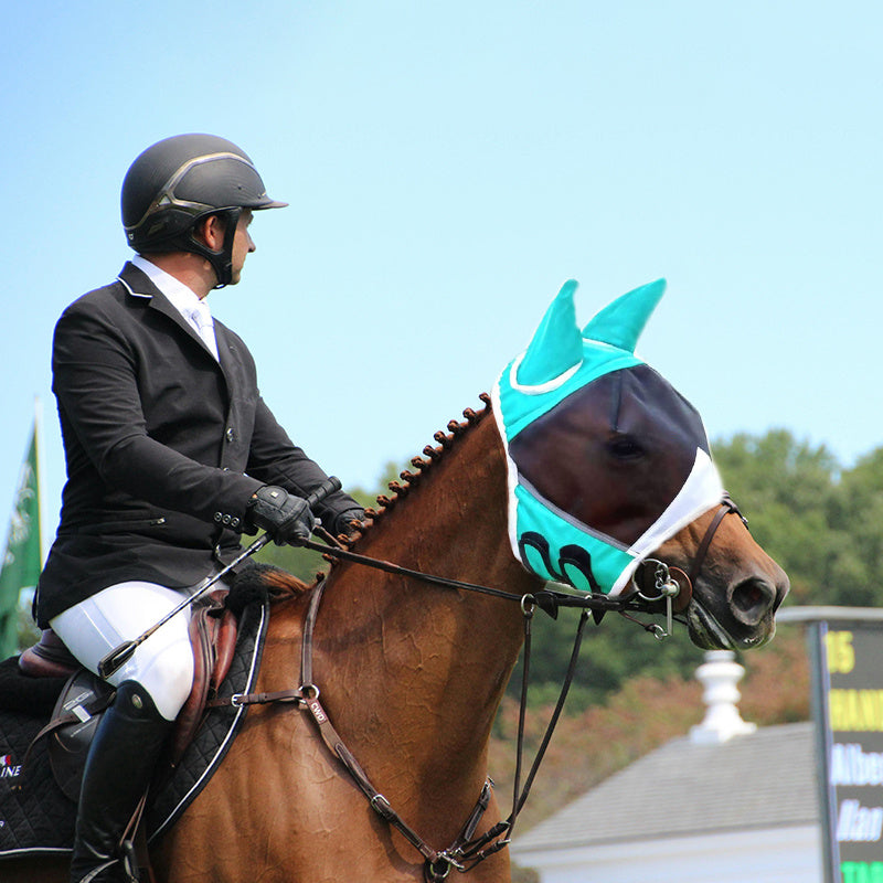 Mosquito Proof Horse Mask with Ears and Nose Breathable Mesh Summer Fly Mask Teal and White Design for Outdoor Riding and Stable Use Stylish Equestrian Gear