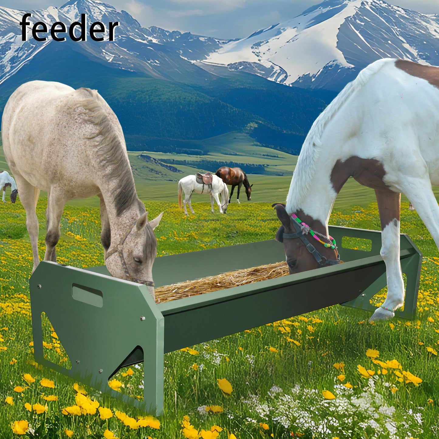 Portable 45 Inch Long Galvanized Steel Livestock Feeder Green