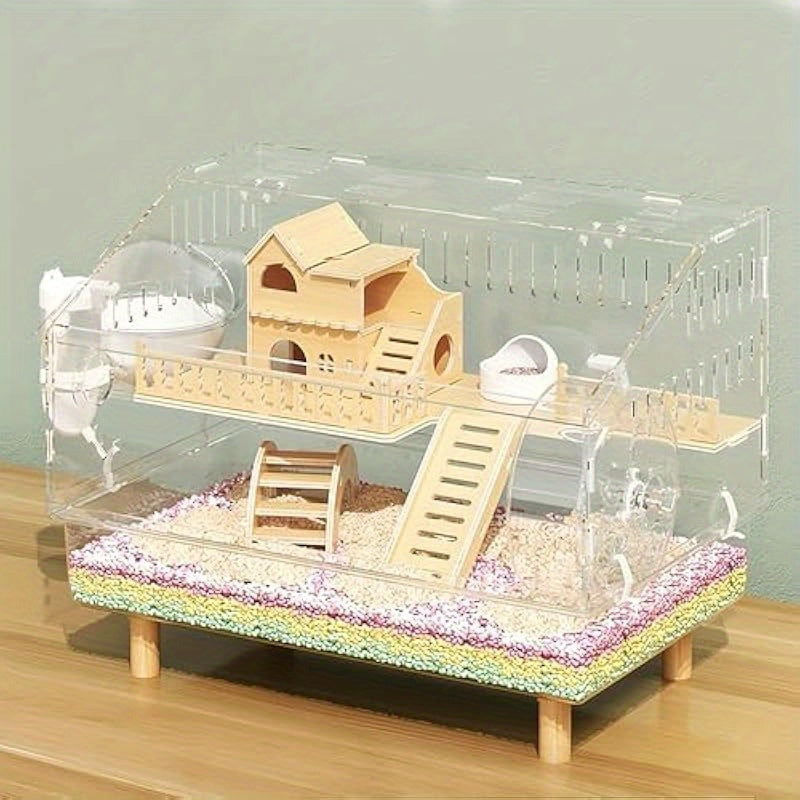 8 in 1 Acrylic Hamster Cage with All Accessories 2 Tier Transparent Habitat Top Open Detachable Design 18.5 x 11.8 x 14.6 Inch for Dwarf Hamsters Gerbils Mice Includes Wooden House Silent Wheel and Easy Assembly