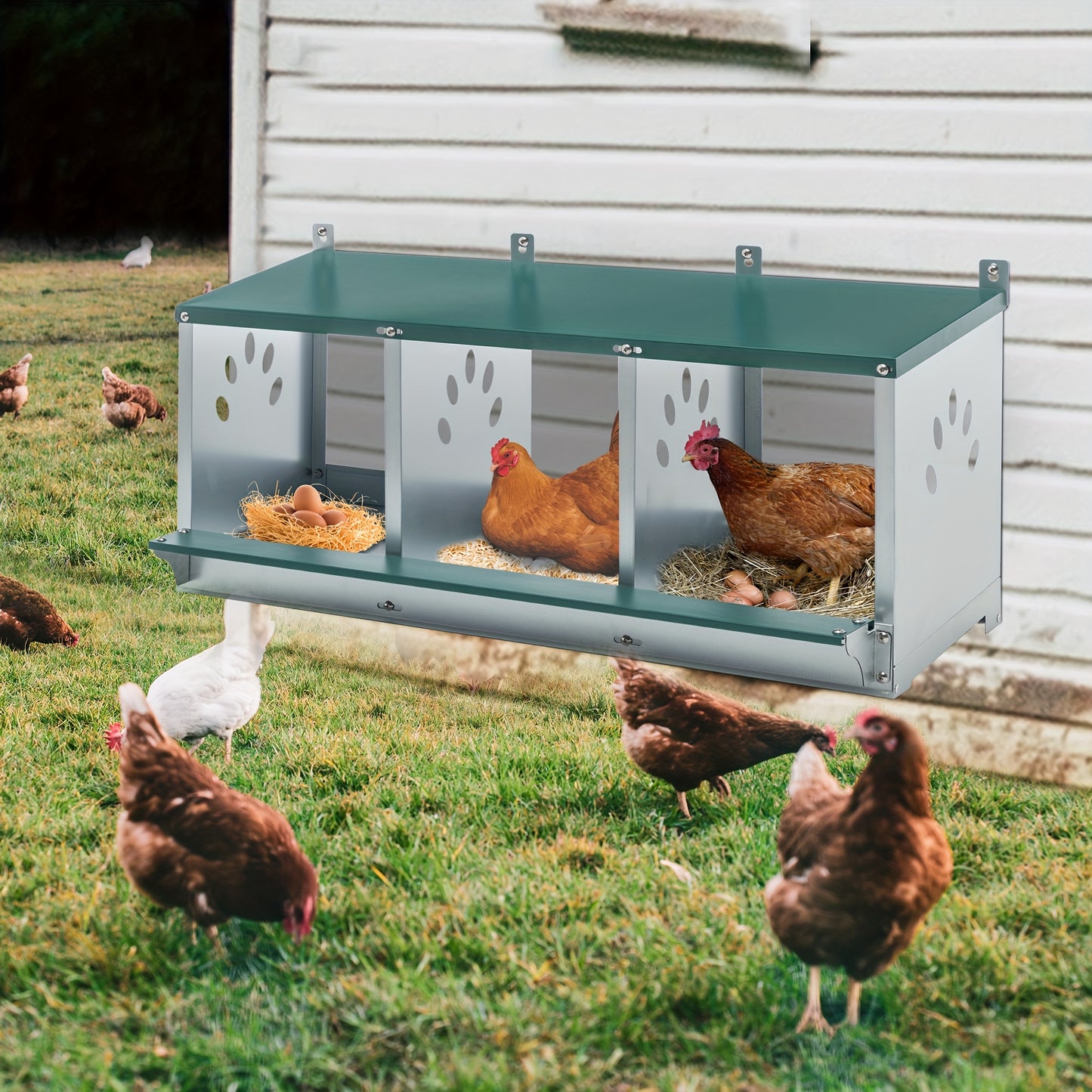 Chicken Nesting Box for Laying Eggs Roll Out Metal Laying Box with Perch and Legs