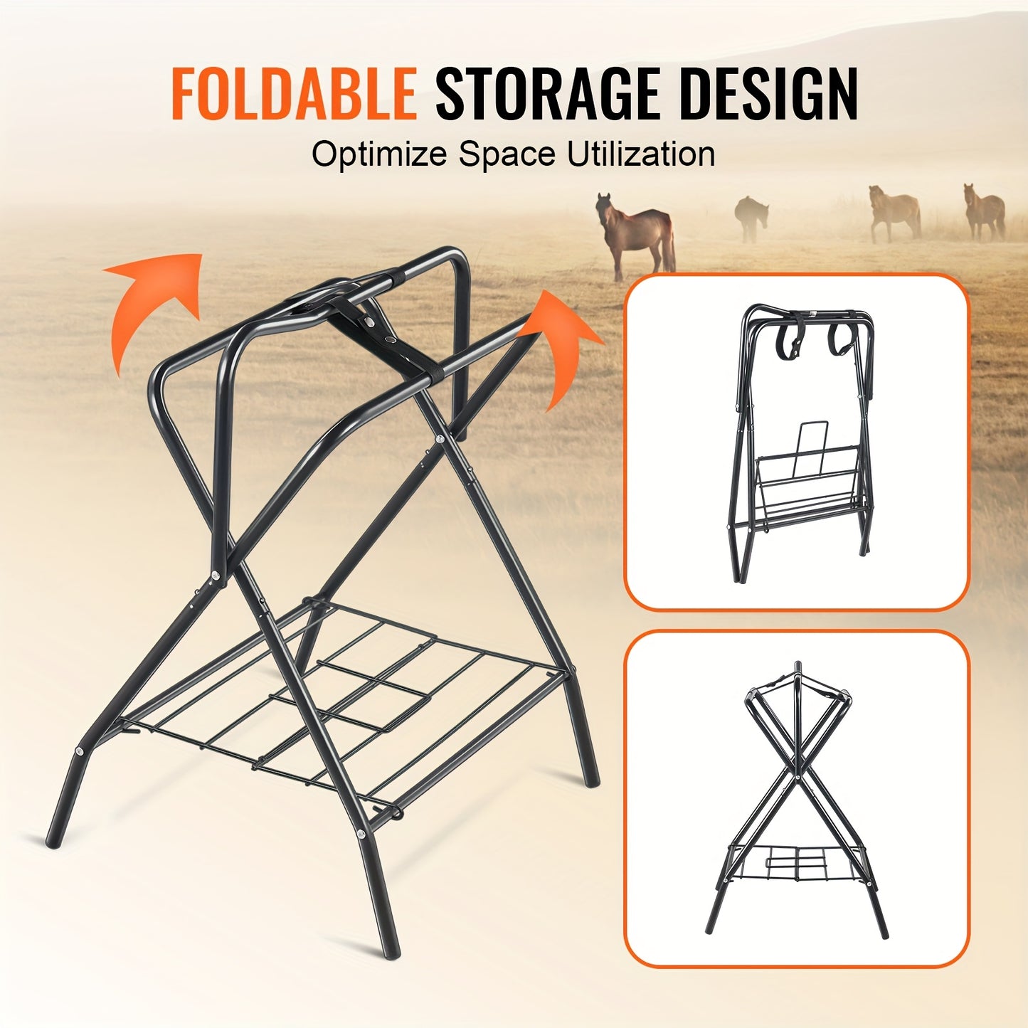 Happybuy Folding Saddle Rack Freestanding Horse Saddle Stand Portable Horse Blanket Holder Heavy Duty Steel Saddle Rack for English and Western Saddles Tack Storage Black 28 x 19 x 37.5 Inches