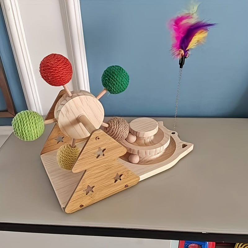 Interactive Wooden Cat Toy With Spinning Sisal Balls And Feather Teaser Multi-Functional Smart Exercise Playset For Cats