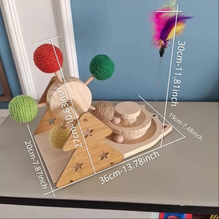 Interactive Wooden Cat Toy With Spinning Sisal Balls And Feather Teaser Multi-Functional Smart Exercise Playset For Cats