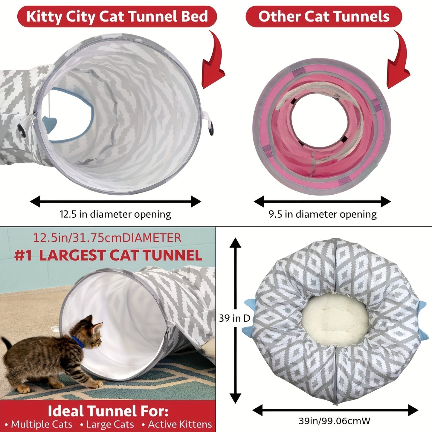 Large Donut Cat Tunnel Bed 2 in 1 Foldable Cat Cave and Toys Indoor and Outdoor Decor Perfect for Easter