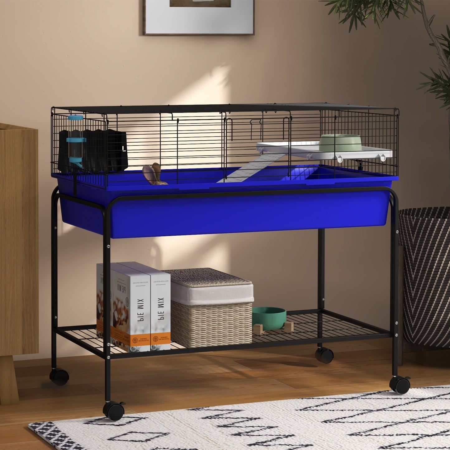 PawHut Two Story Small Animal Cage Removable from Stand Guinea Pig Hedgehog Chinchilla Ferret with Shelf and Wheels Pet Habitat