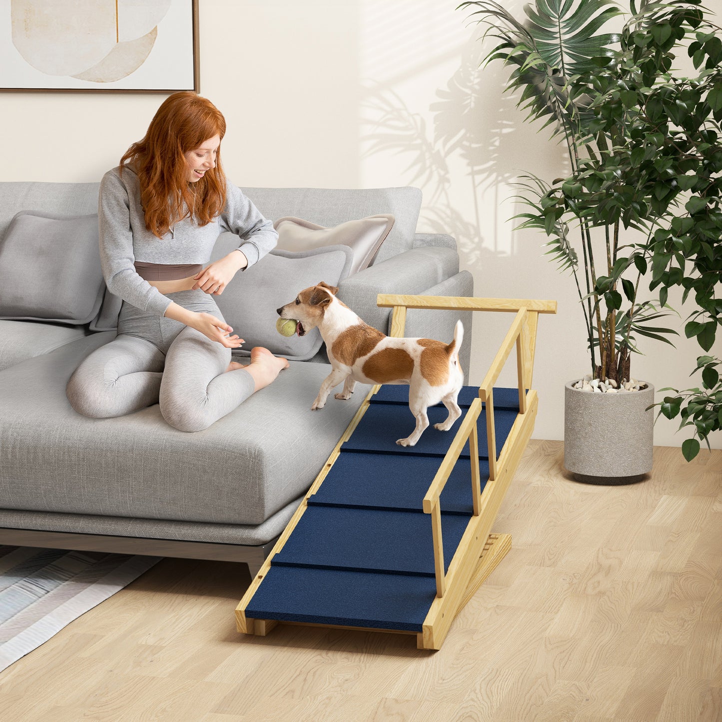 PawHut Adjustable Dog Ramp Foldable Wooden Pet Stairs with Non-Slip Mat for Small to Large Dogs Natural Wood Finish