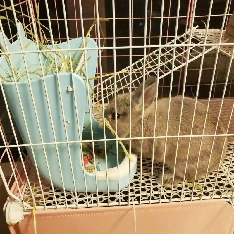 Rabbit Hay Feeder Rack with Bowl and Water Bottle for Grass and Food Blue
