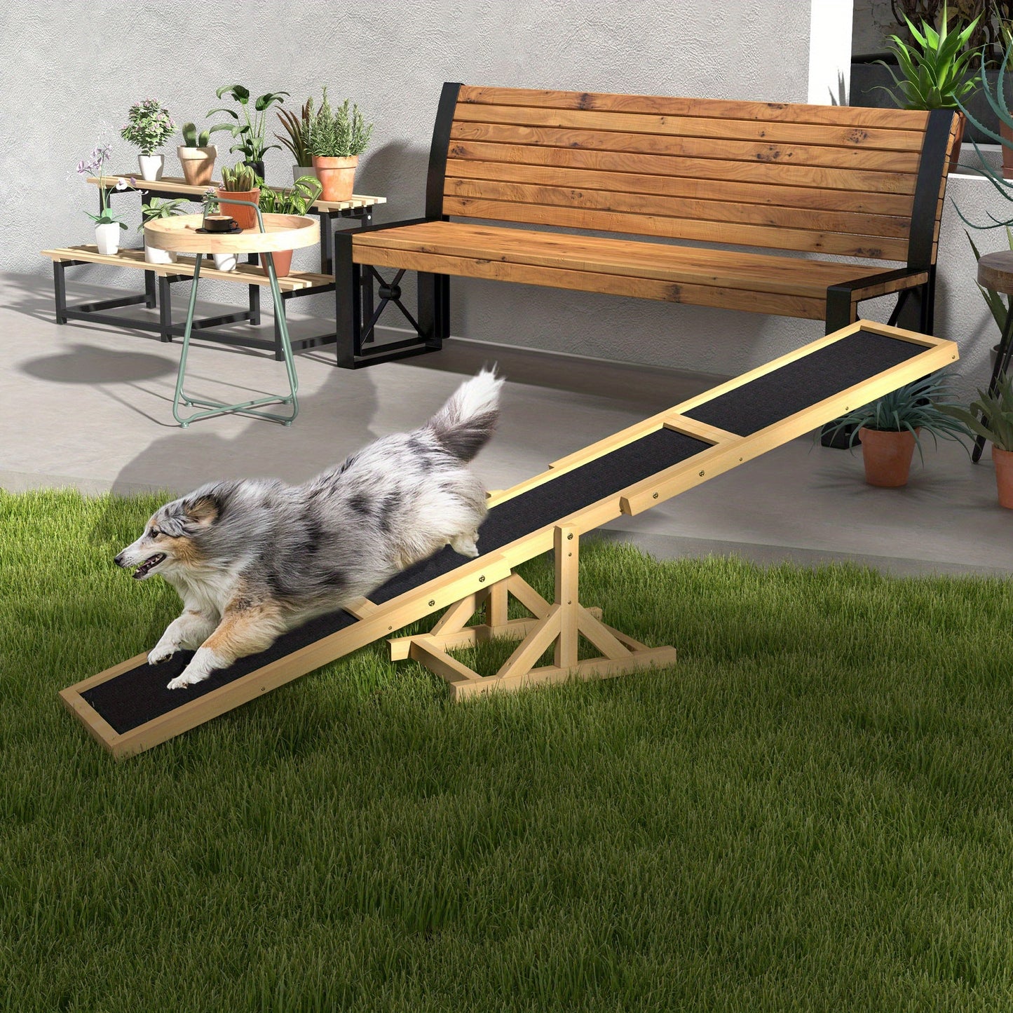 PawHut Durable Cork Dog Seesaw Weather Resistant Wooden Agility Platform 71 Inch L x 12 Inch W x 12 Inch H Ideal for Training and Exercise Yellow