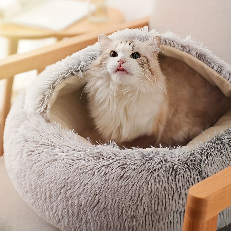 1pc Warm And Cozy Donut Shaped Pet Bed Plush Cat Bed With Hood Comfortable Indoor Bed For Cats And Small Dogs Suitable For Small And Medium Sized Pets
