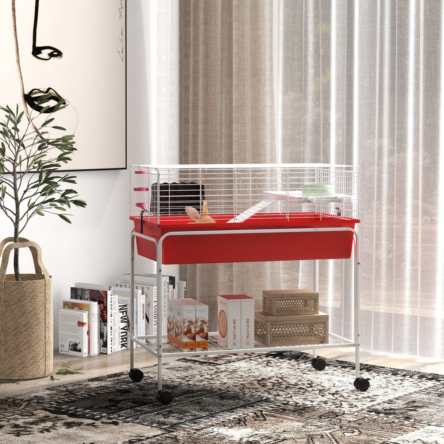 PawHut Two Story Small Animal Cage Removable from Stand Guinea Pig Hedgehog Chinchilla Ferret with Shelf and Wheels Pet Habitat