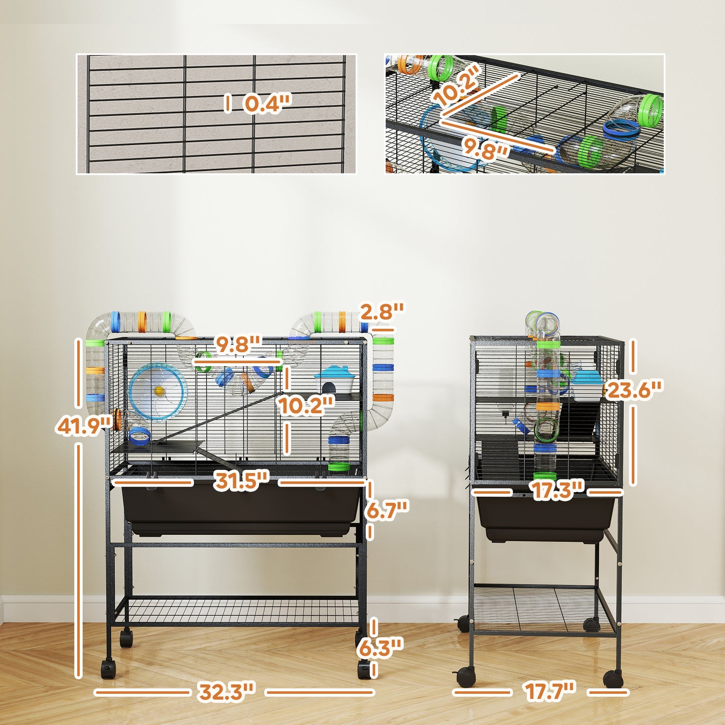 Hamster Cage with Deep Tray 3 Tier Rolling Rat Cage with Storage Shelf Big Exercise Wheel Tube System Hut Platforms Ramps Food Dish Water Bottle for Syrian Gerbil Mouse