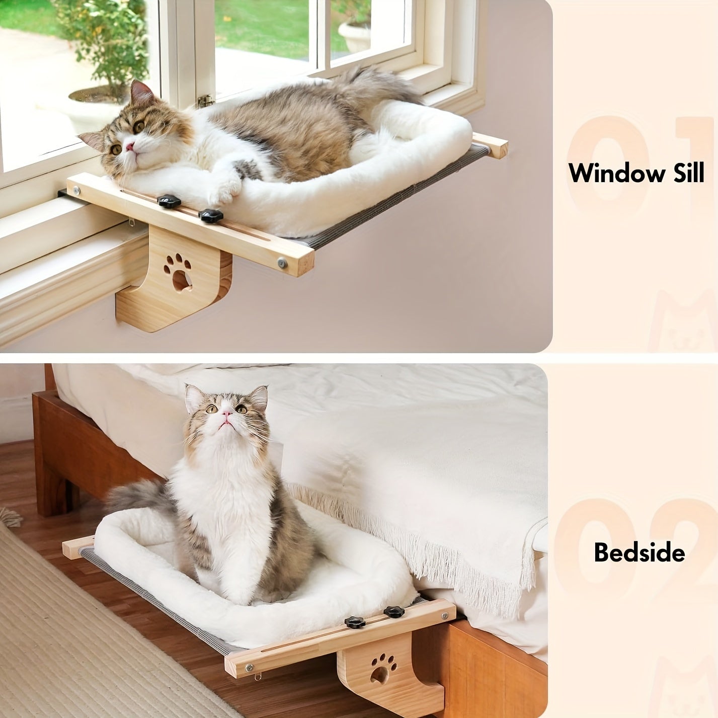 Adjustable Cat Window Perch and Hammock Durable Plastic Frame with Soft Fleece Lining Paw Print Cutouts for Indoor Cats Easy Install Wall Ceiling Mount for Windowsill Bedside Cabinet Large Cat Bed Pet Relaxation Spot