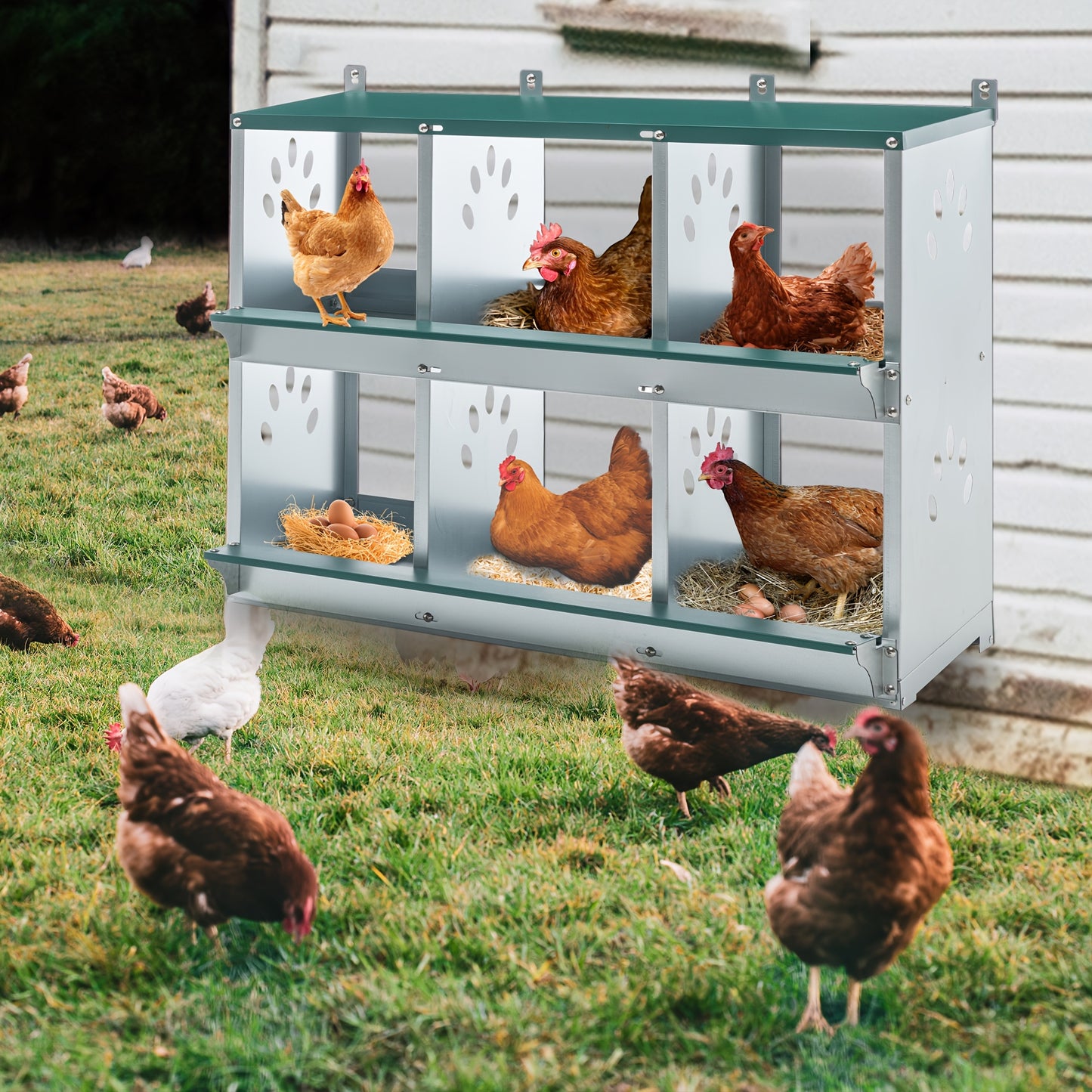 Chicken Nesting Box for Laying Eggs Roll Out Metal Laying Box with Perch and Legs