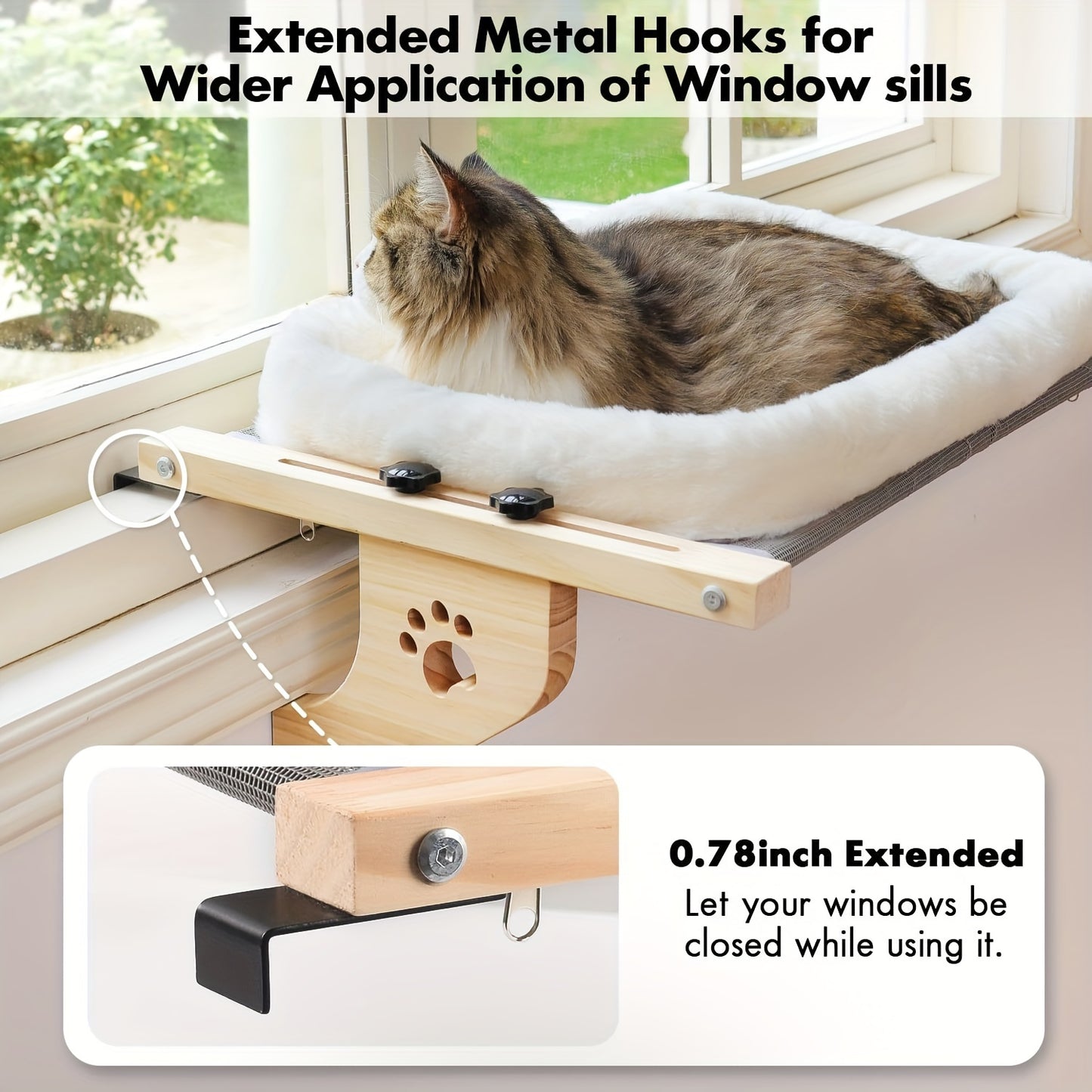 Adjustable Cat Window Perch and Hammock Durable Plastic Frame with Soft Fleece Lining Paw Print Cutouts for Indoor Cats Easy Install Wall Ceiling Mount for Windowsill Bedside Cabinet Large Cat Bed Pet Relaxation Spot