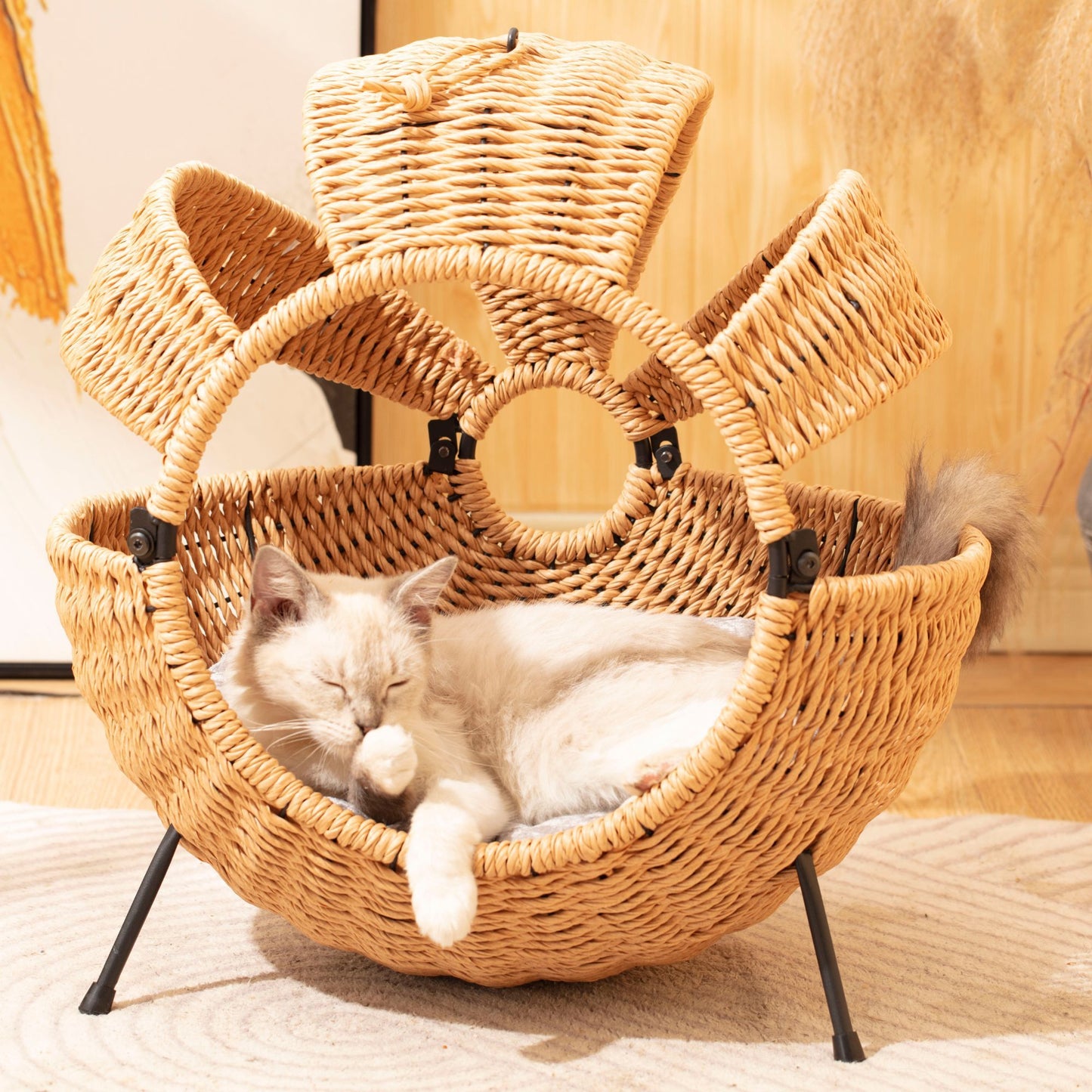 1pc Cozy Striped Rattan Cat House Large Indoor Outdoor Spherical Pet Bed with Cushion Durable Plastic Construction 20.5x20.5x14 Inches