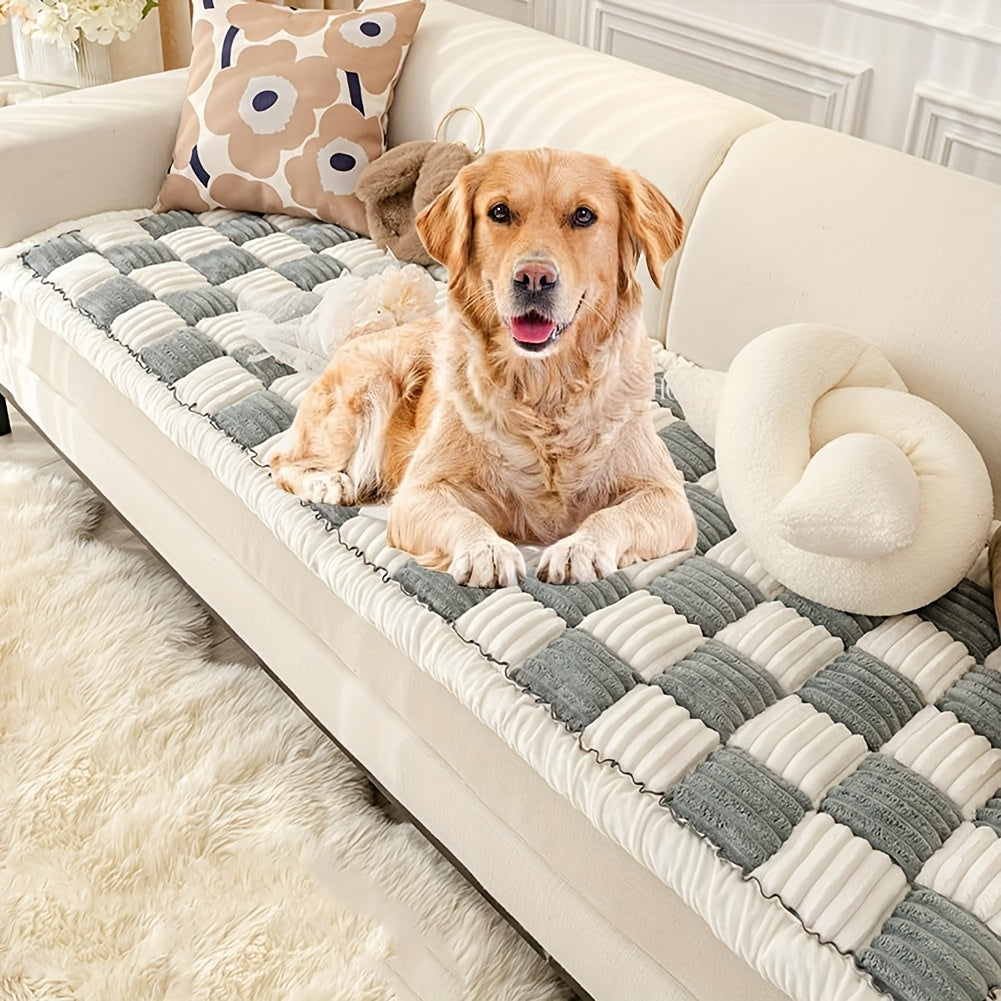 Pet Sofa Cover, Thickened Velvet Checkerboard Pattern, Non Slip Dog Bed Sofa Cover, Machine Washable Sofa Pad