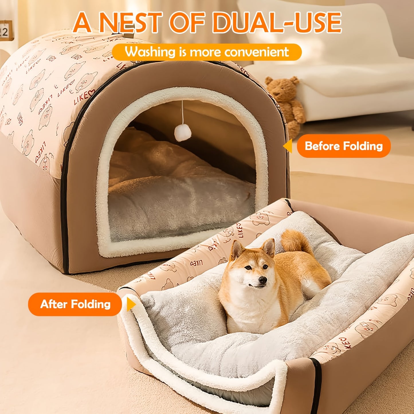 Dog Tent Cave 2 In 1 Detachable Covered Pet House