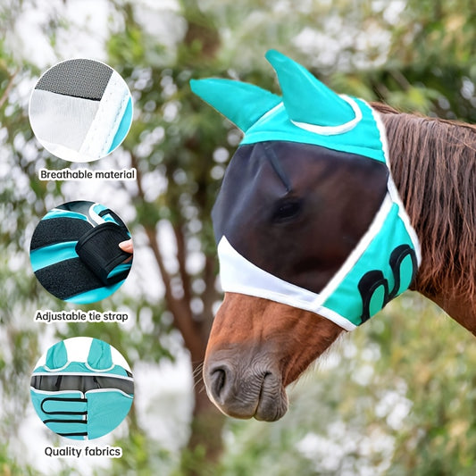 Mosquito Proof Horse Mask with Ears and Nose Breathable Mesh Summer Fly Mask Teal and White Design for Outdoor Riding and Stable Use Stylish Equestrian Gear