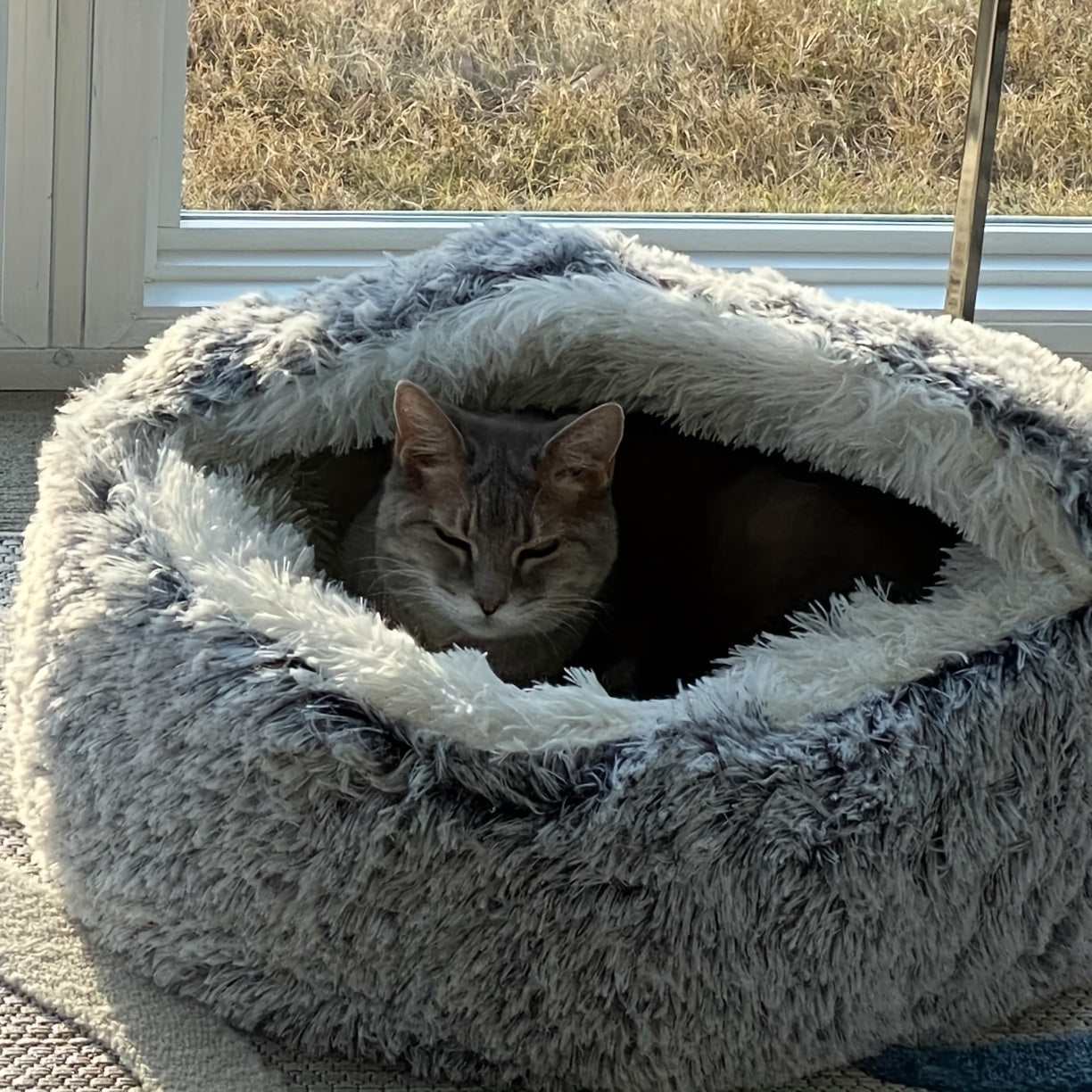1pc Warm And Cozy Donut Shaped Pet Bed Plush Cat Bed With Hood Comfortable Indoor Bed For Cats And Small Dogs Suitable For Small And Medium Sized Pets