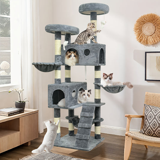 Large Deluxe Cat Tree Tower Multi-level Indoor Cat Condo Sisal-covered Scratching Posts Padded Perches Hammocks Secret Cat Den Plush Mouse Climbing Rope Stable Anti-tilt Design