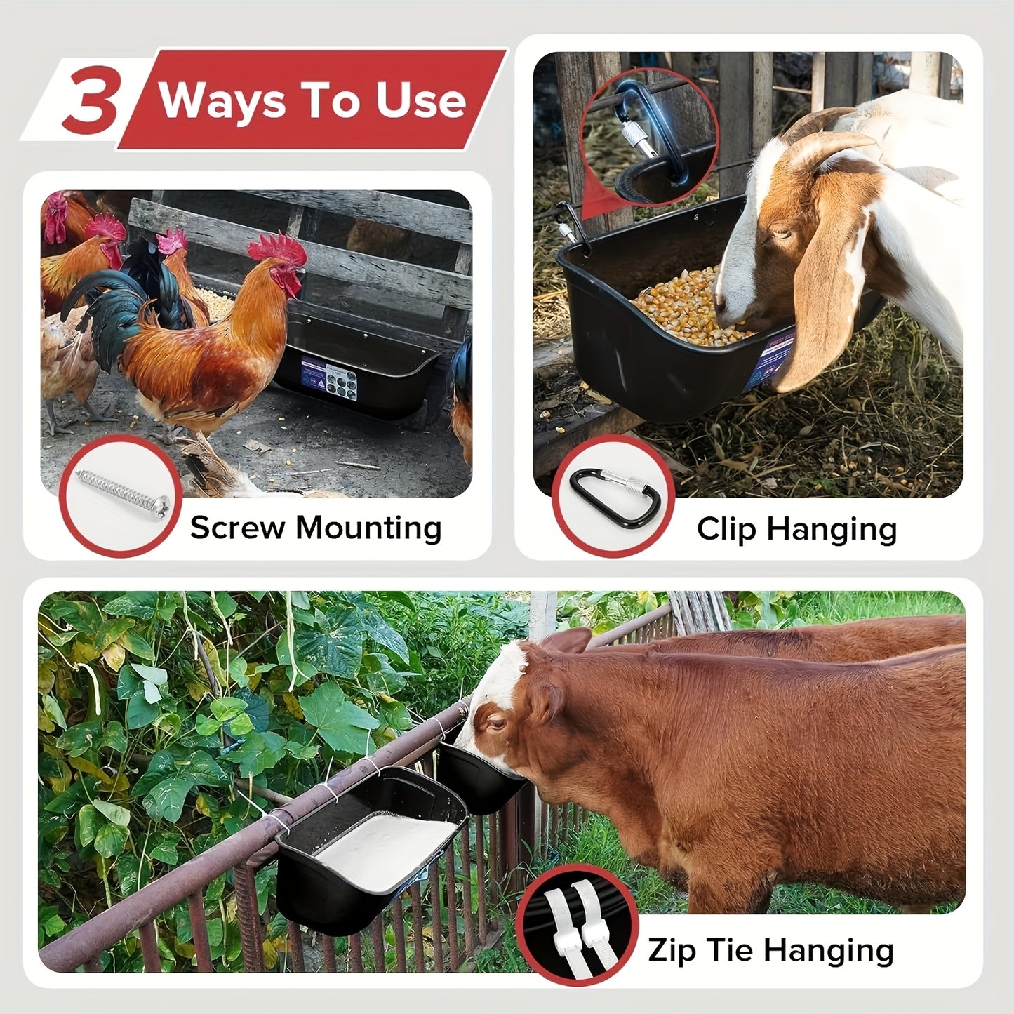 Extra Large Goat Feeder with Clip Hanging Chicken Feeder Livestock and Poultry Feeding Trough Bucket for Goats Sheep Ducks Geese Piglets Horses Deer 12.91 Inch by 7.1 Inch by 7.1 Inch