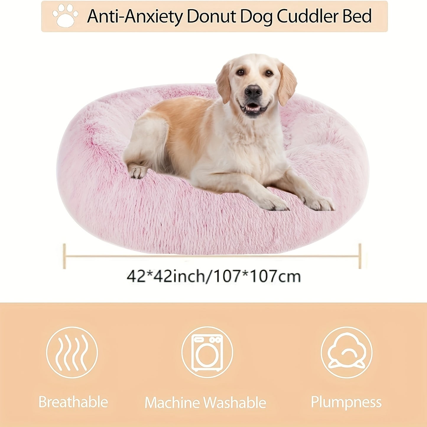 WNPETHOME Calming Anti-Anxiety Donut Dog Bed and Cat Cushion Fluffy Faux Fur Pet Bed with Non-Slip Bottom 4 Sizes for Small Medium and Large Dogs and Cats Pink Circular Design for All-Season Comfort