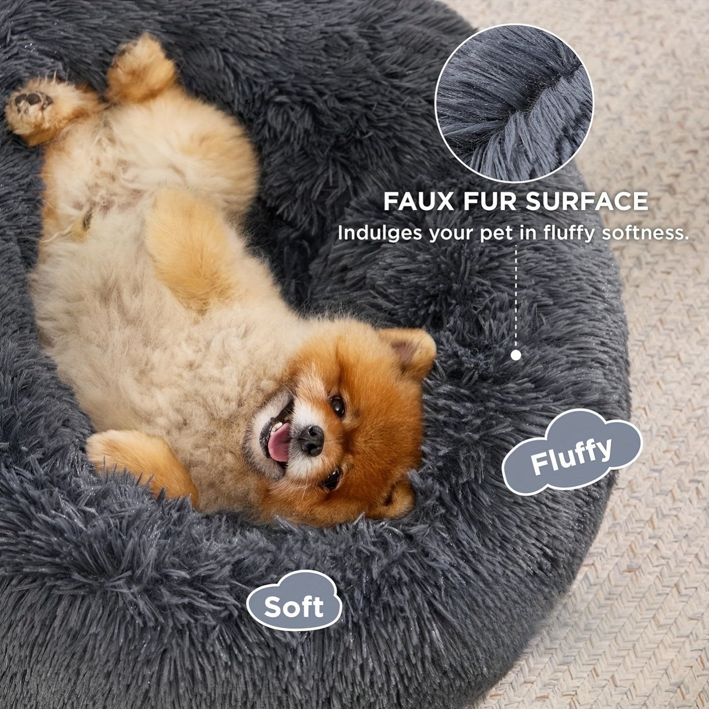 Calming Dog Bed for Medium Dogs Donut Washable Round Fluffy Plush Faux Fur Cat Bed 30 Inches Anti Slip Fits Up to 45 Pounds Pets