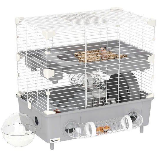 2 Tier Hamster Cage with Sand Bathroom Running Wheel Water Bottle Tubes Accessories Small Animal Cage 17.5 x 11 x 17 Gray