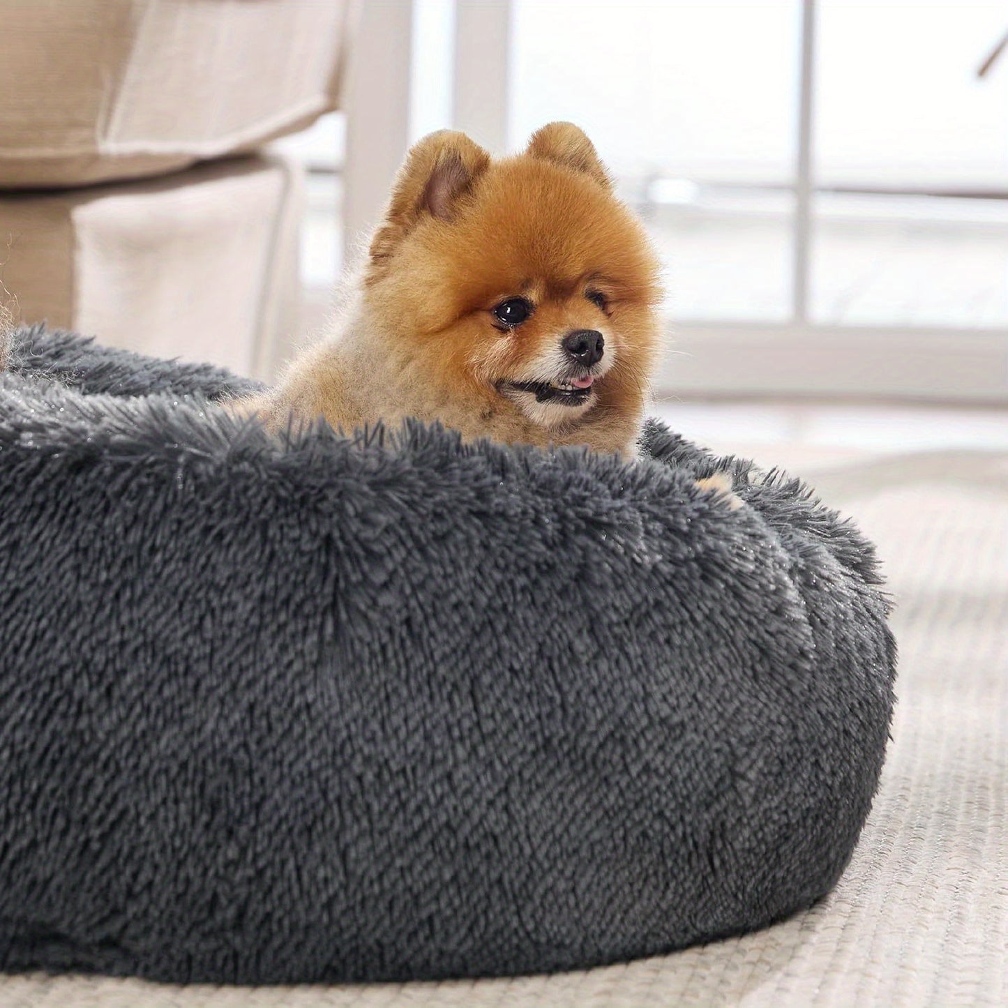 Calming Dog Bed for Medium Dogs Donut Washable Round Fluffy Plush Faux Fur Cat Bed 30 Inches Anti Slip Fits Up to 45 Pounds Pets
