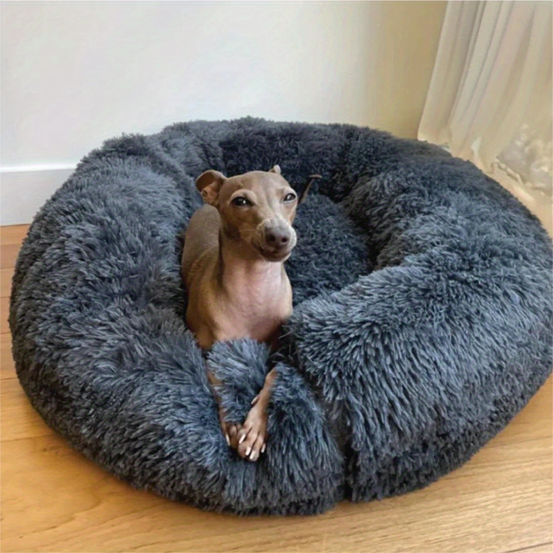 Calming Dog Bed for Medium Dogs Donut Washable Round Fluffy Plush Faux Fur Cat Bed 30 Inches Anti Slip Fits Up to 45 Pounds Pets